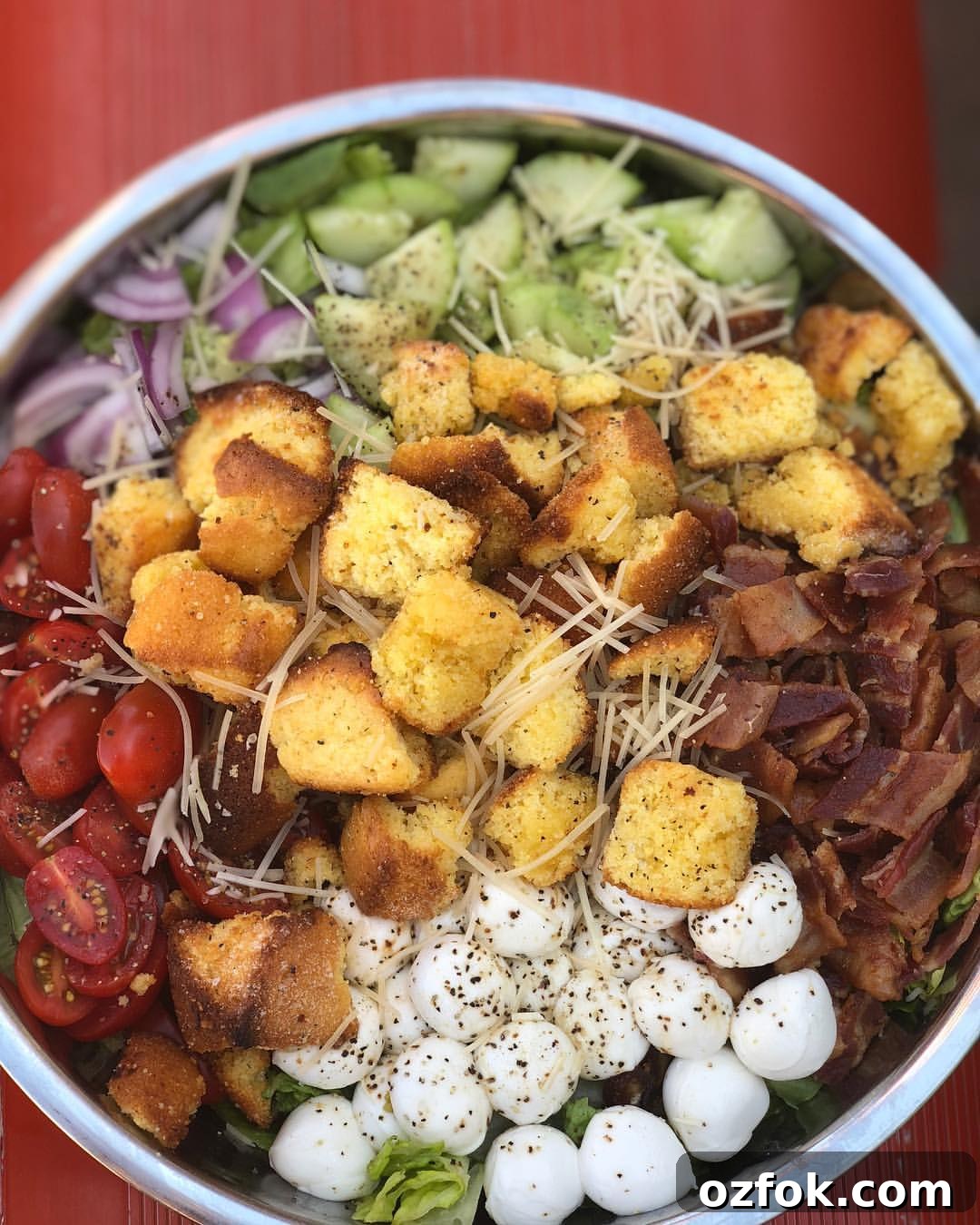 Close-up of cornbread croutons