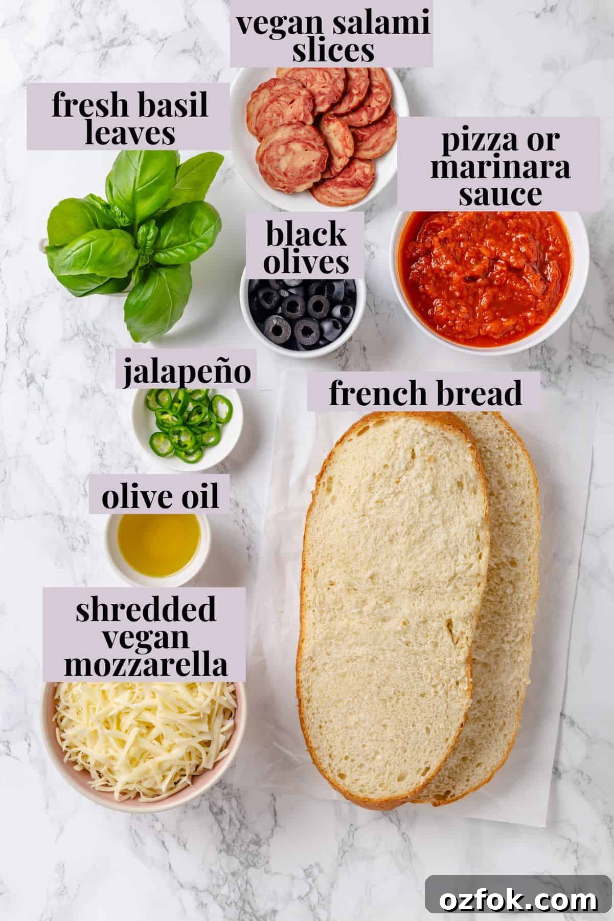 Overhead view of ingredients for French bread pizza