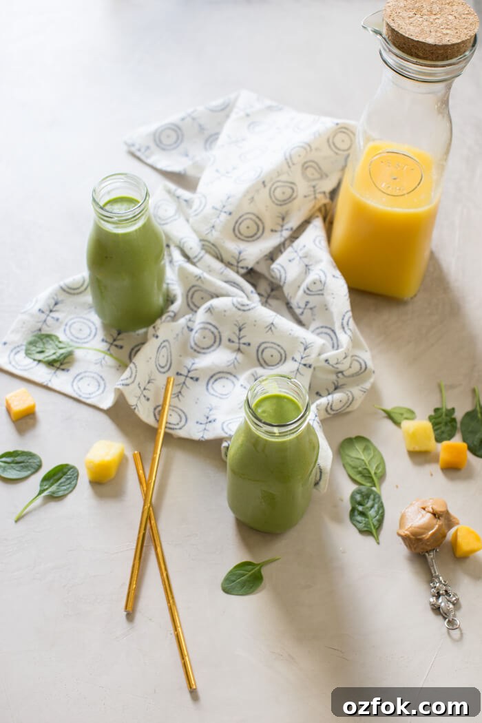 Broccoli, cauliflower, spinach, oh my! All the veg blended into this Green Power Smoothie and you can’t even taste it thanks to OJ and peanut butter! This is a kid favorite!