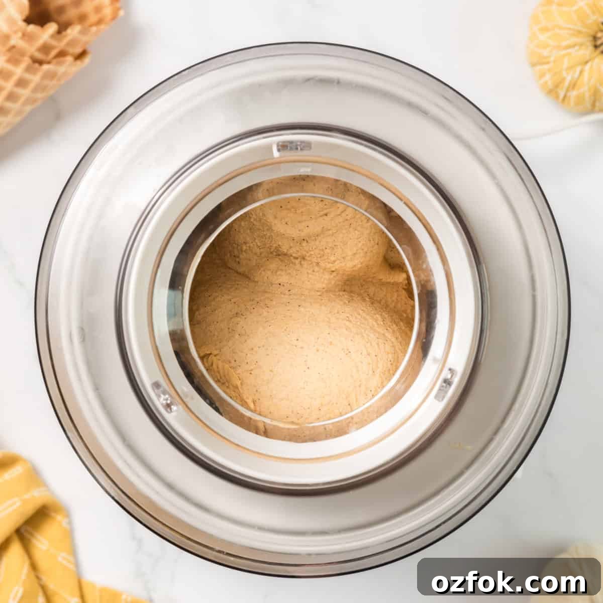 Ice cream churned in an ice cream maker.