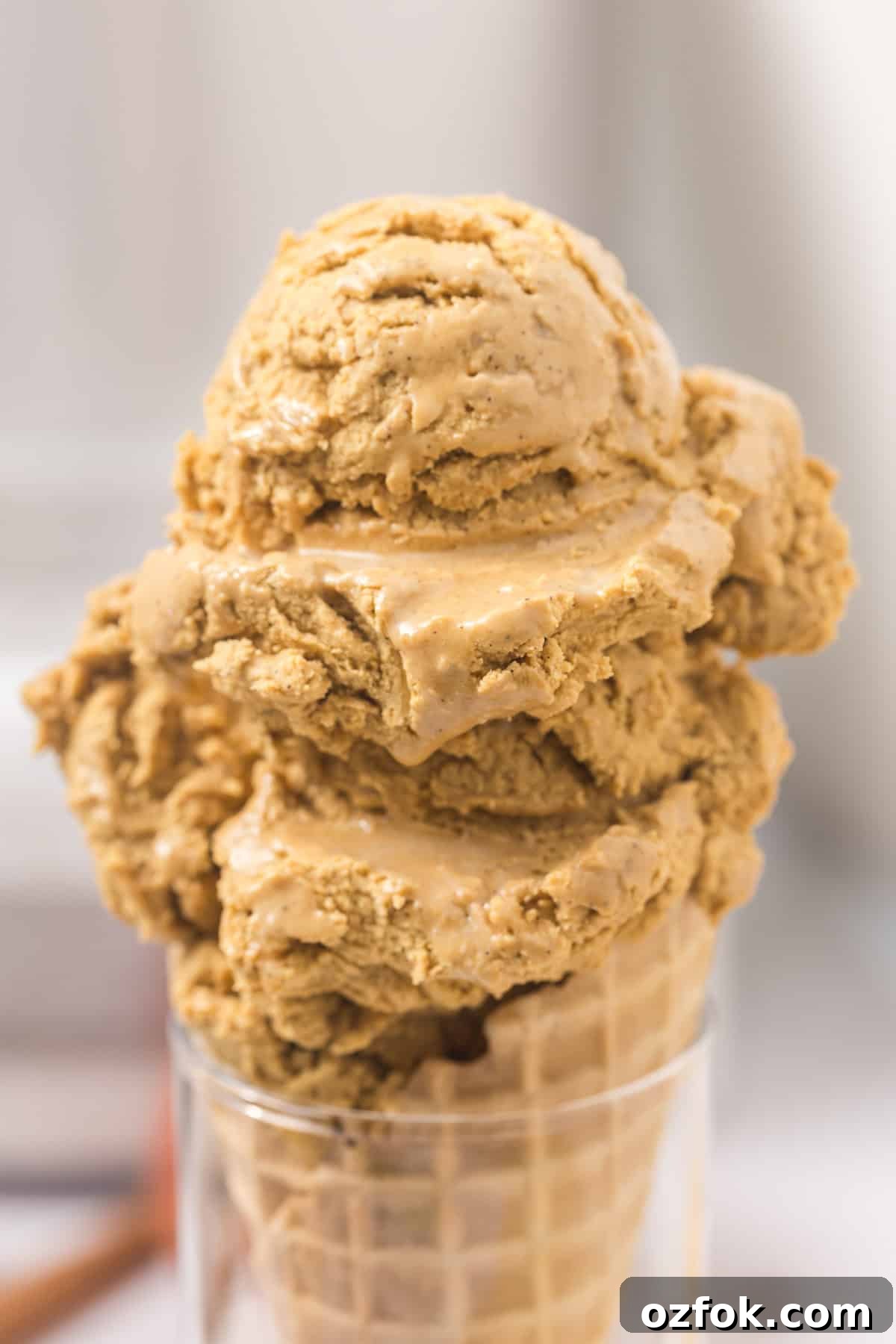 Close up of scoops of ice cream in a cone