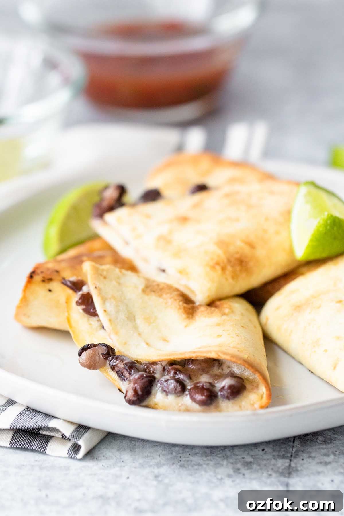 quesadillas from up front with salsa in the background