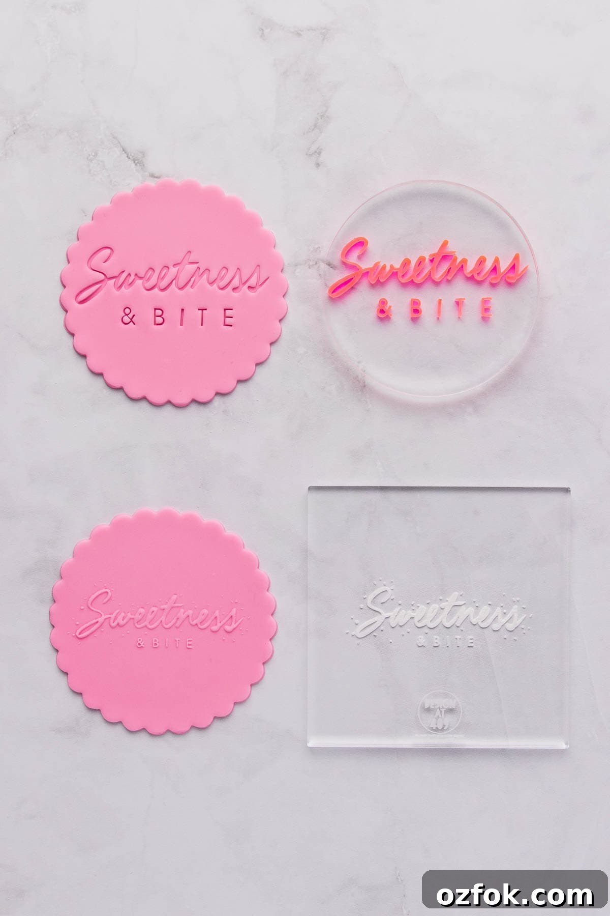 A side by side comparison of a debossing stamp (imprinted design) and an embossing stamp (raised design), using the Sweetness & Bite logo.