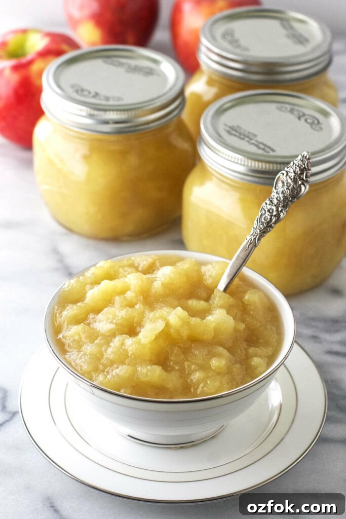 Mason jars filled with applesauce next to a dish of applesauce.